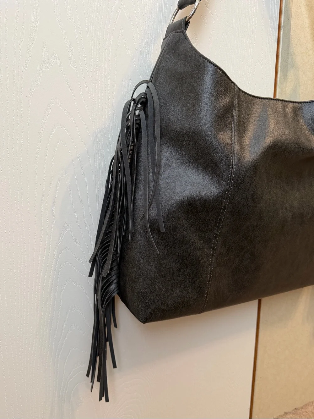 NO BOUNDARIES Faux Leather Oversized Moto Gobo Bag with Fringe NWT